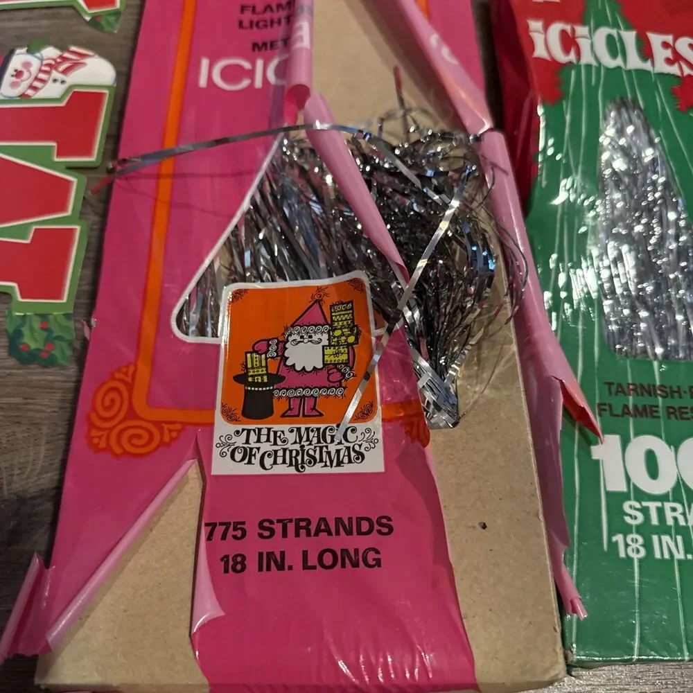 Vintage Lot of 8 Boxes Christmas Tree Icicles Silver Tinsel W/ Christmas Banner